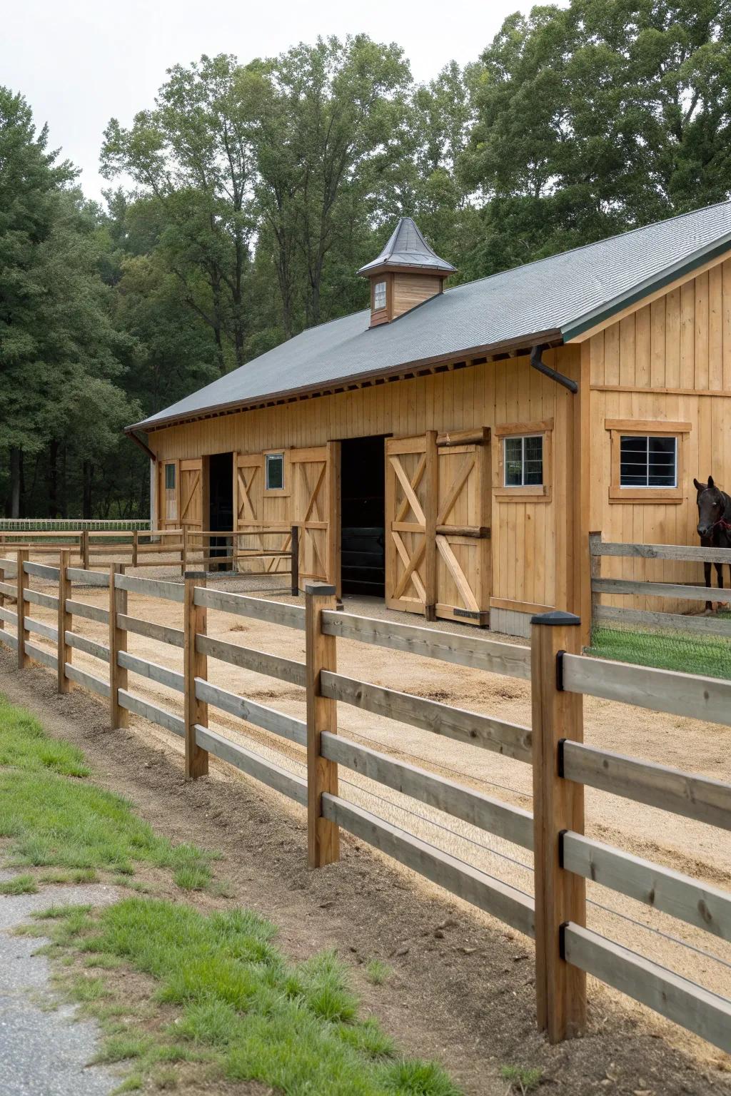 Safe and stylish fencing surrounding the barn, ensuring safety for horses.