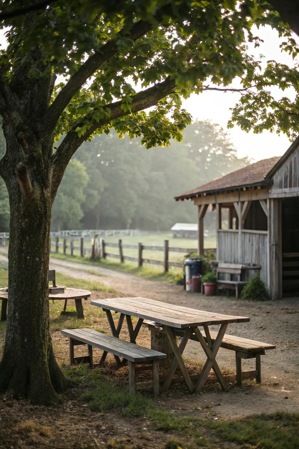 Charming rustic seating providing a perfect spot to unwind near the barn.