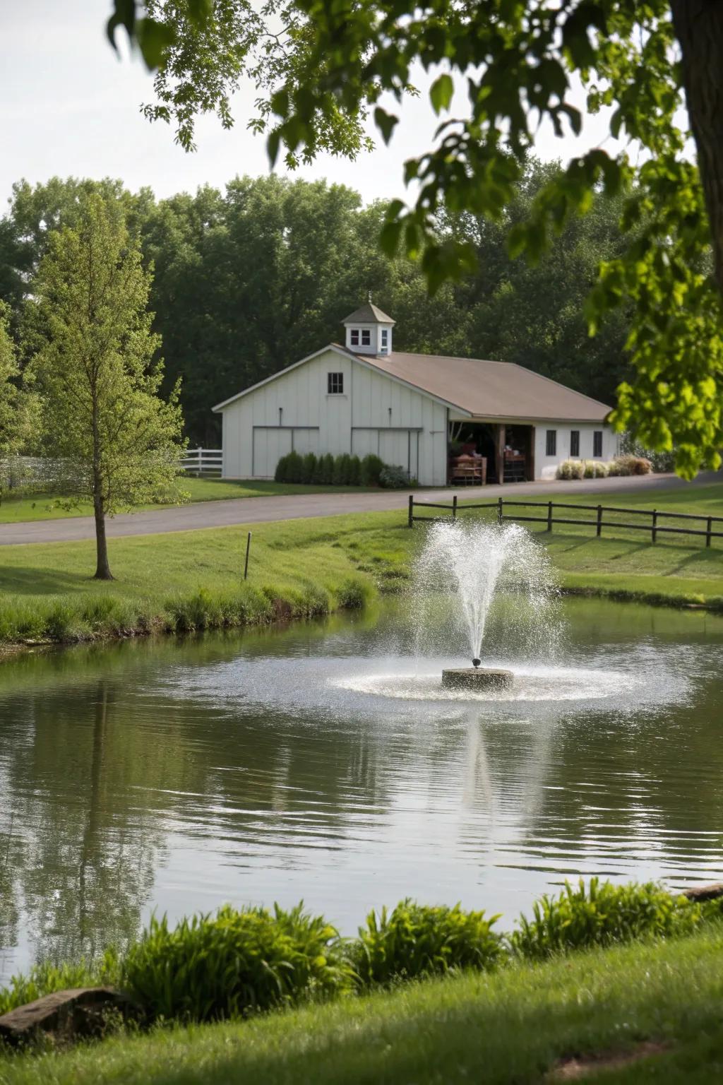 A serene water feature enhancing the peacefulness of the barn environment.