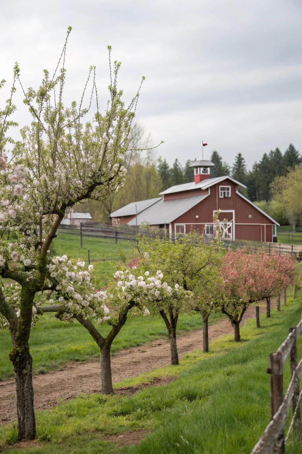A charming orchard offering beauty and bounty near the barn.