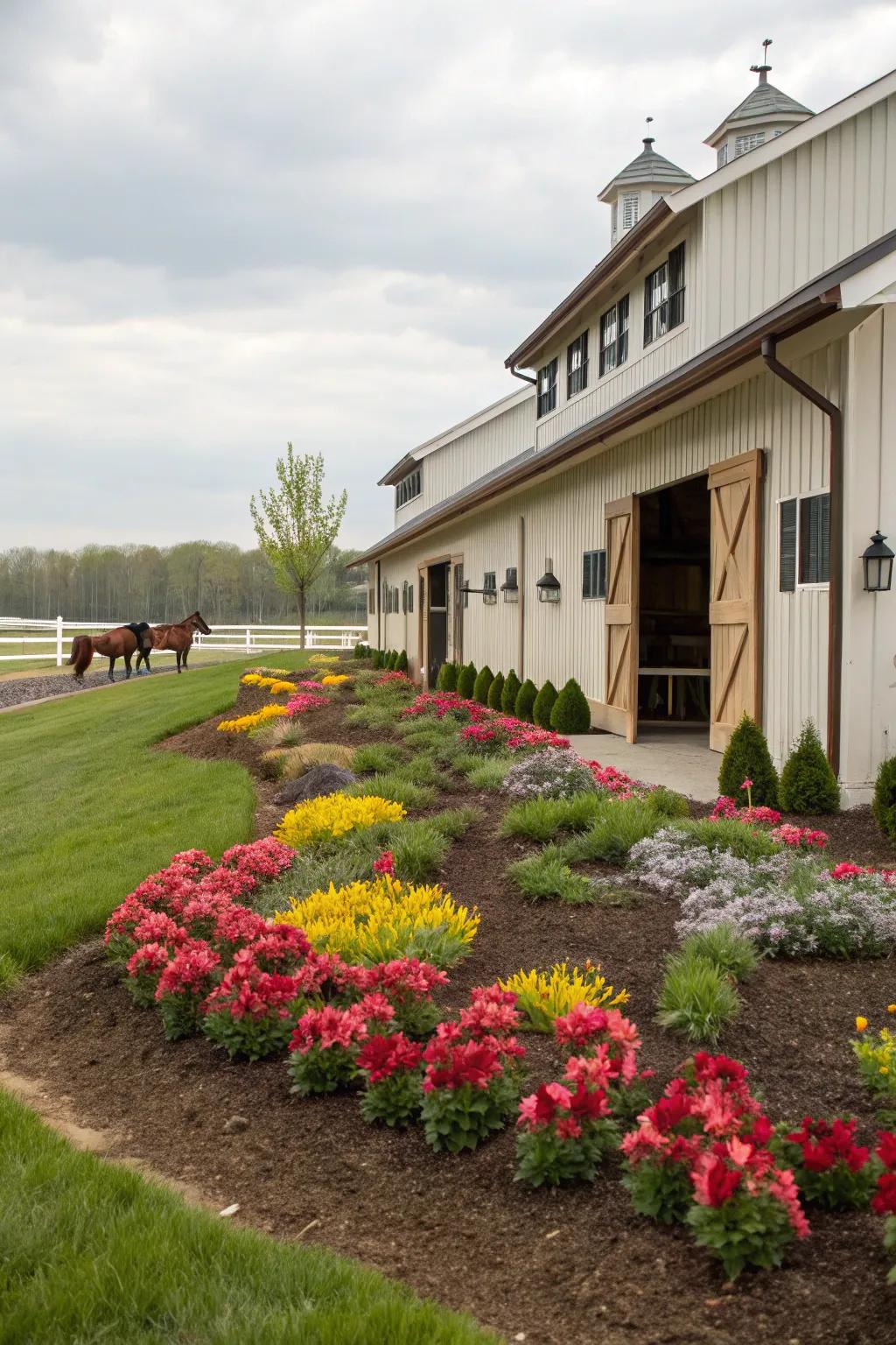 Mulch providing a well-kept look and moisture to the barn's garden beds.