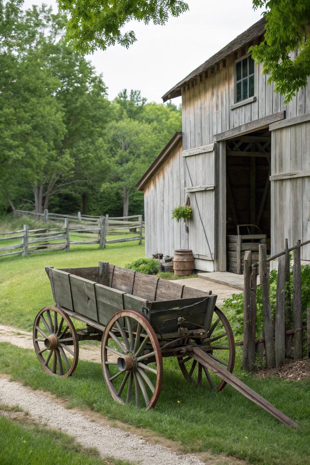 A vintage wagon adding rustic charm to the barn's landscape.
