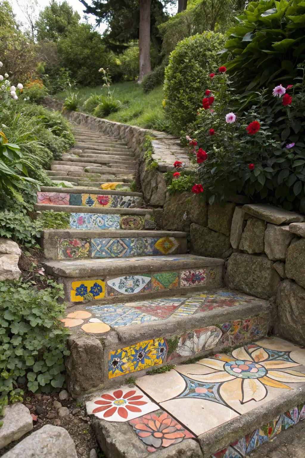Artistic tiled stone steps for a unique garden design.