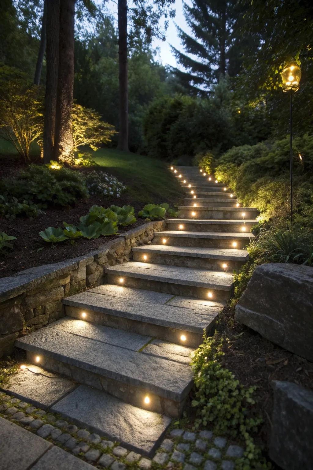 Embedded lights highlight the beauty of stone steps.
