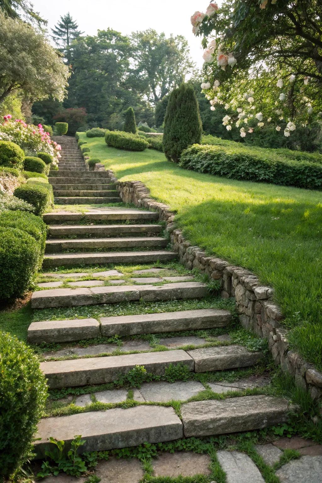 Grass inserts add a refreshing touch to stone steps.