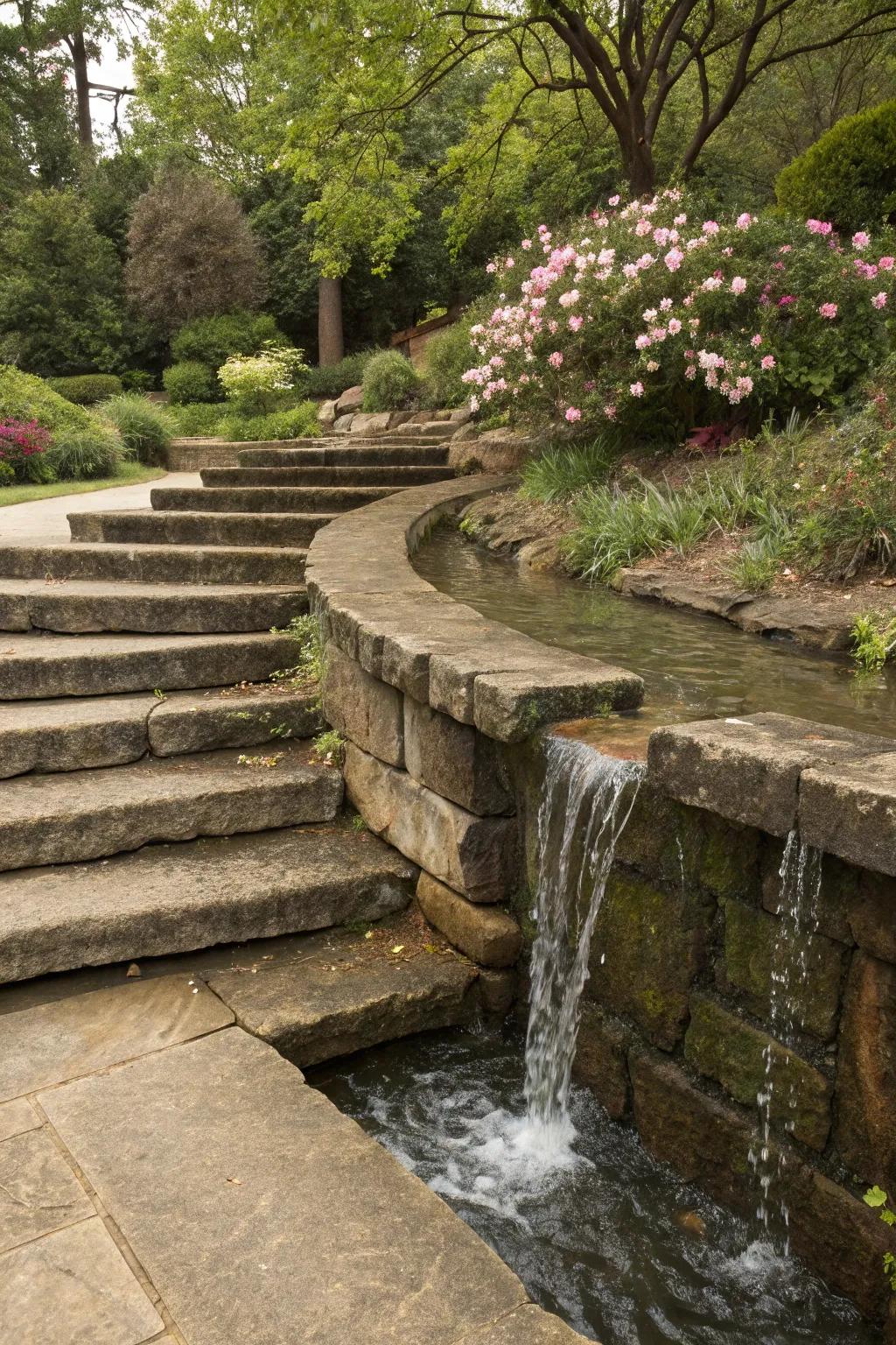 A tranquil garden with stone steps and water features.