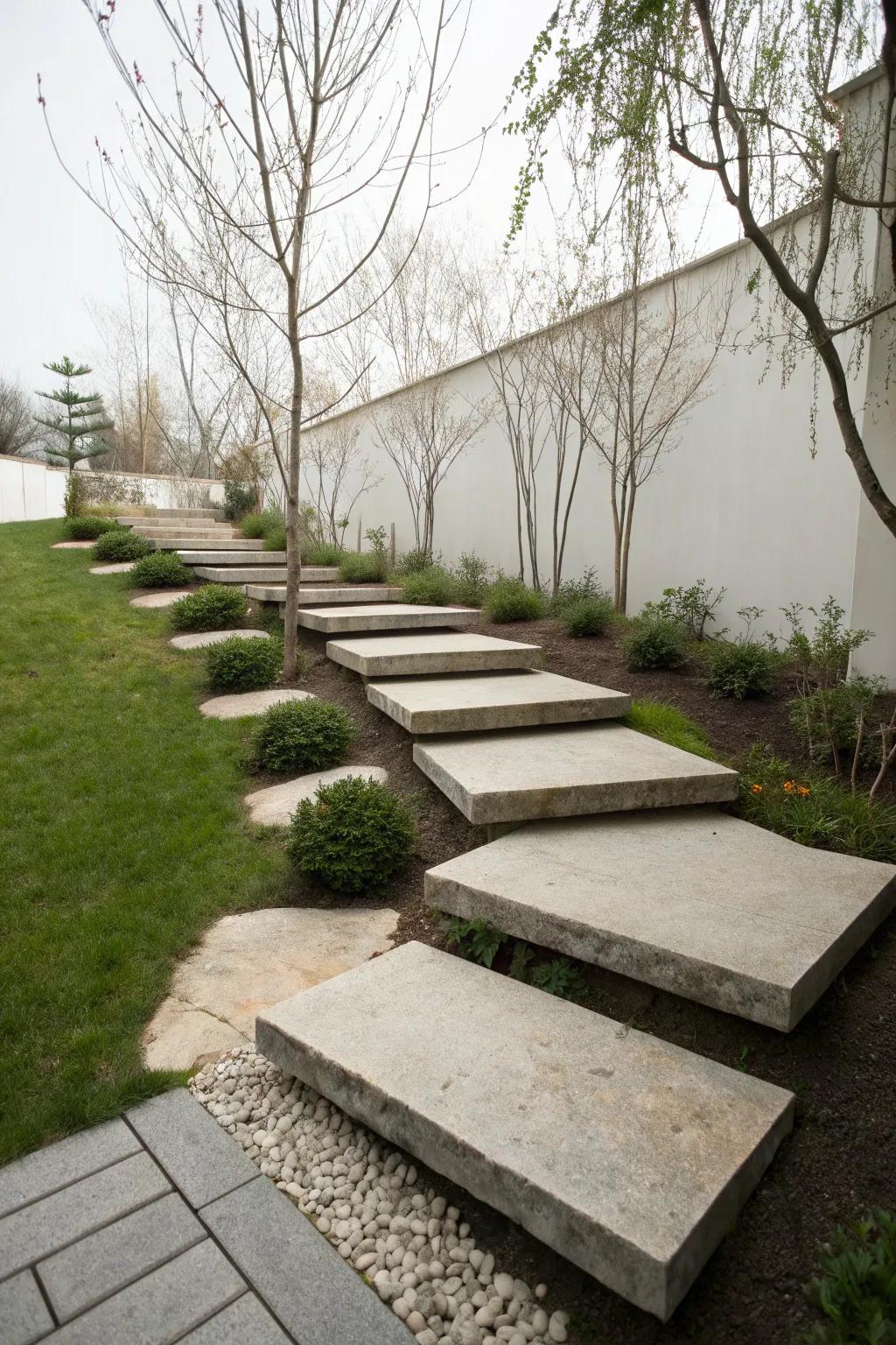 Modern floating stone steps in a minimalist garden.