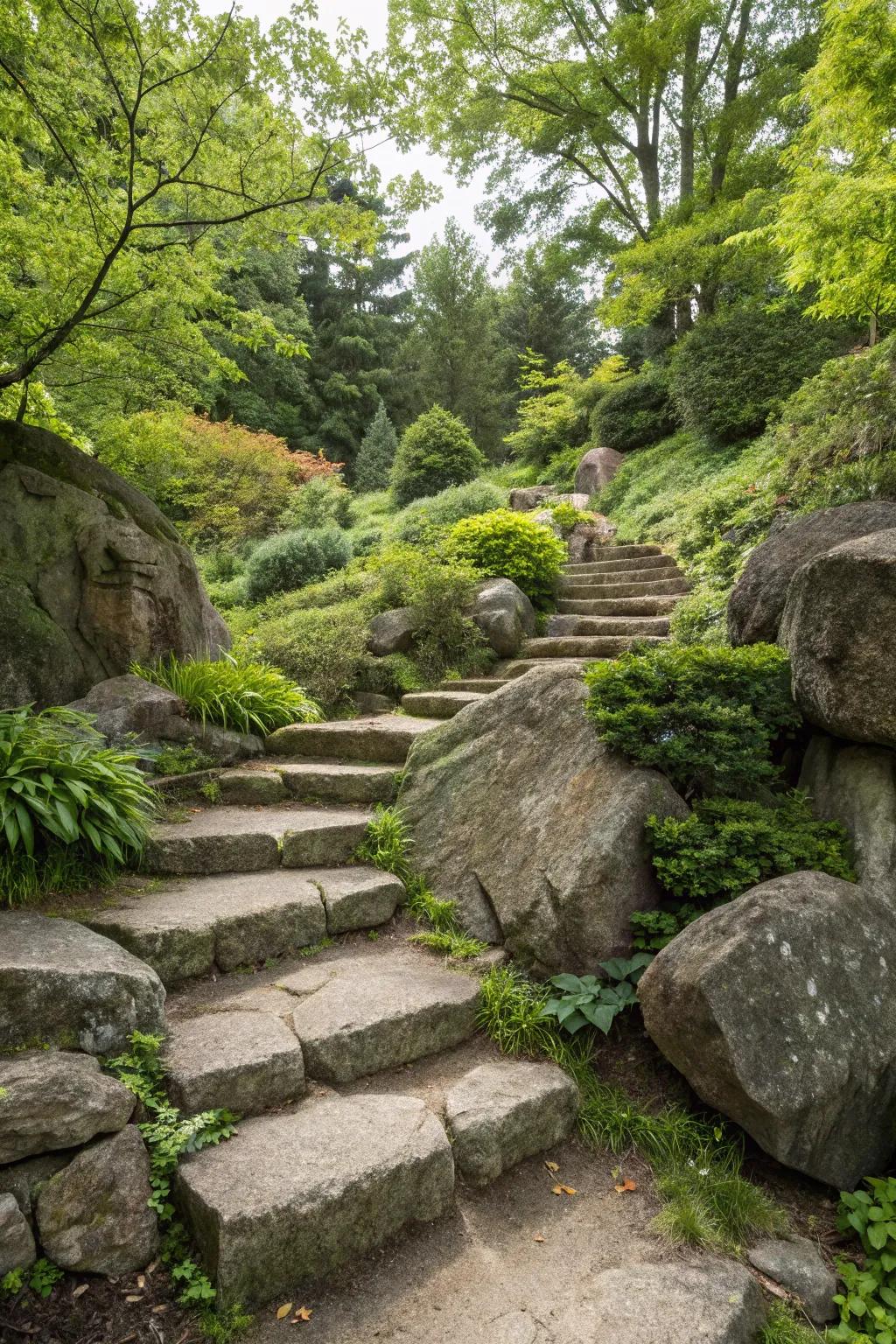 Rustic boulder steps for a natural garden path.