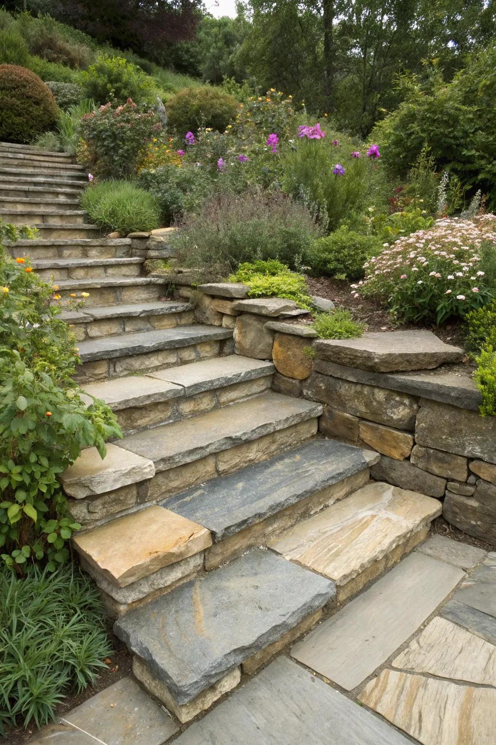 A beautiful mix of stone materials for garden steps.