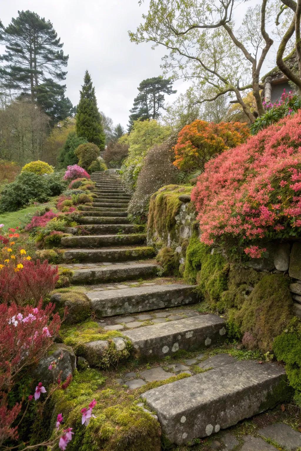 Seasonal plants bring vibrant colors to stone steps.