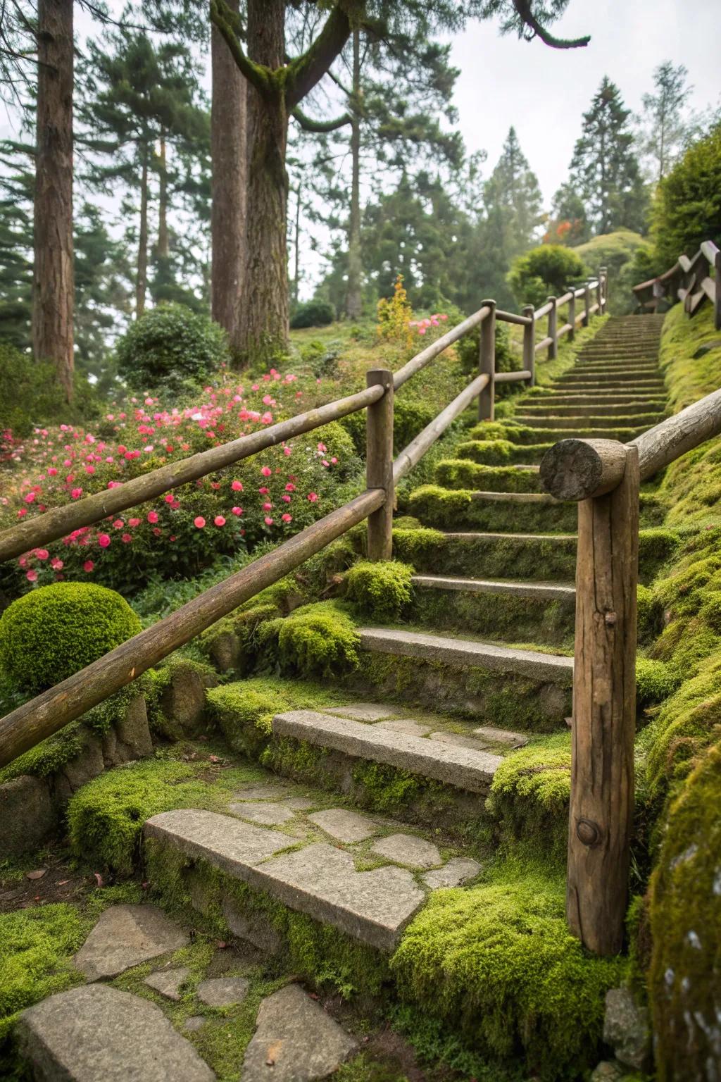 Rustic railings add charm and safety to stone steps.