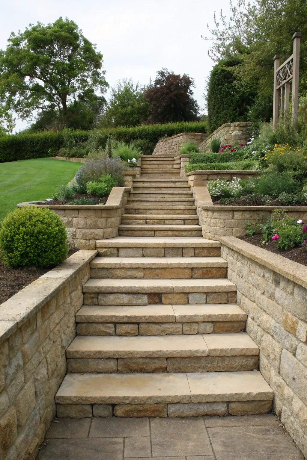 Stone steps paired with retaining walls for structure.
