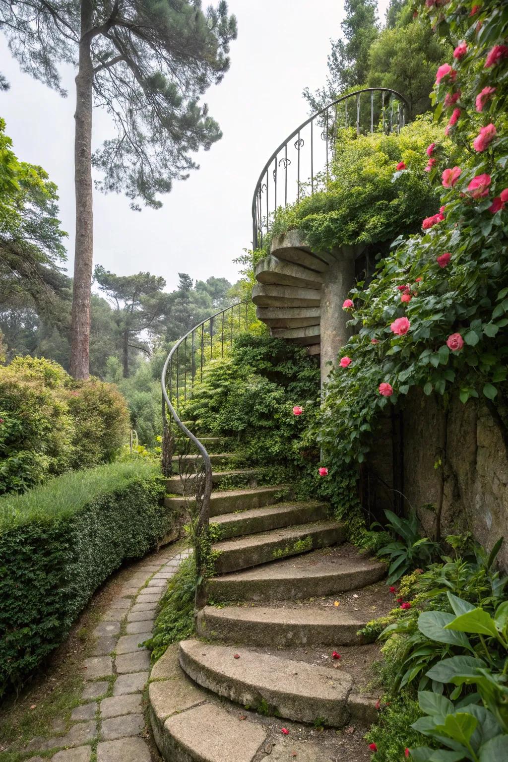 Spiral rock staircase for a striking garden feature.