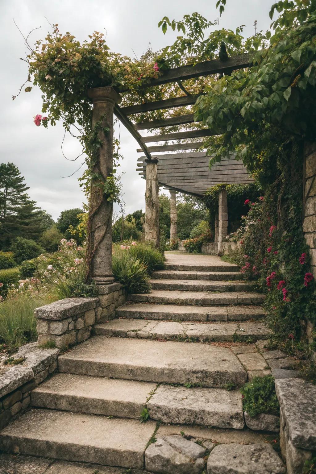 Rock steps leading to a charming pergola.