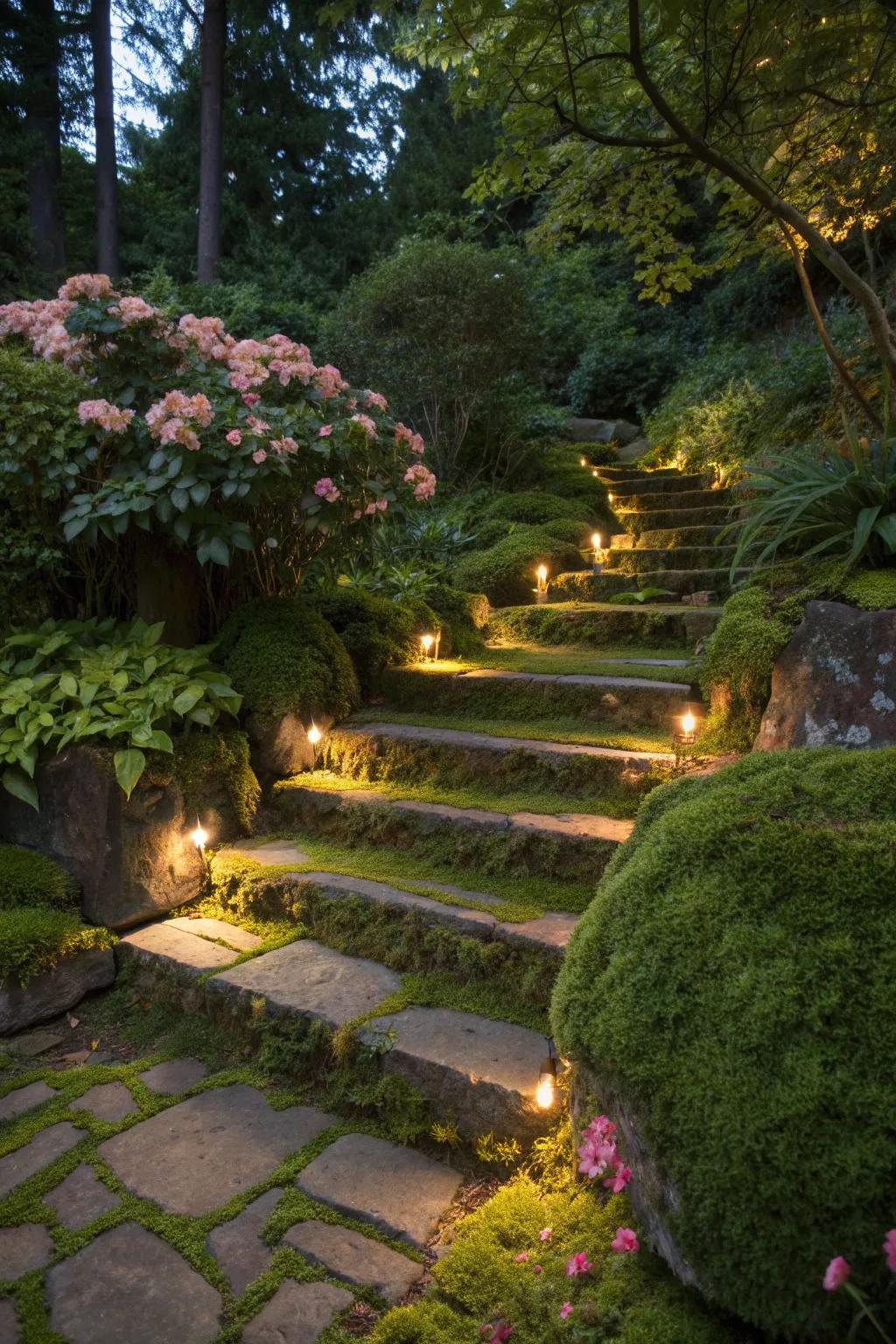 Illuminated stone steps for a magical garden ambiance.