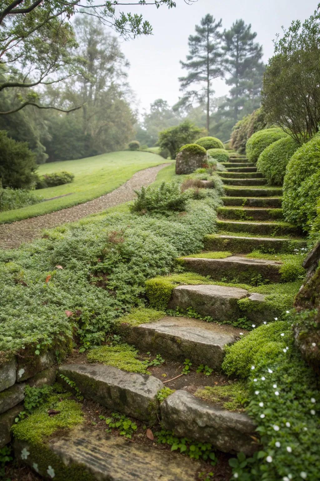 Natural rock steps harmoniously integrated into the garden.