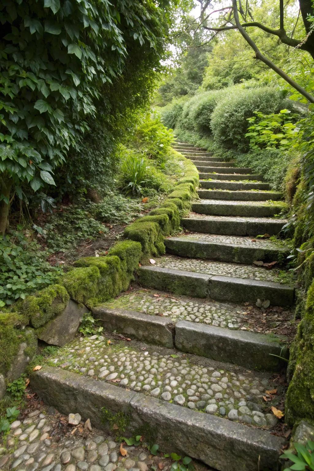 Pebble-embedded steps for added texture and drainage.