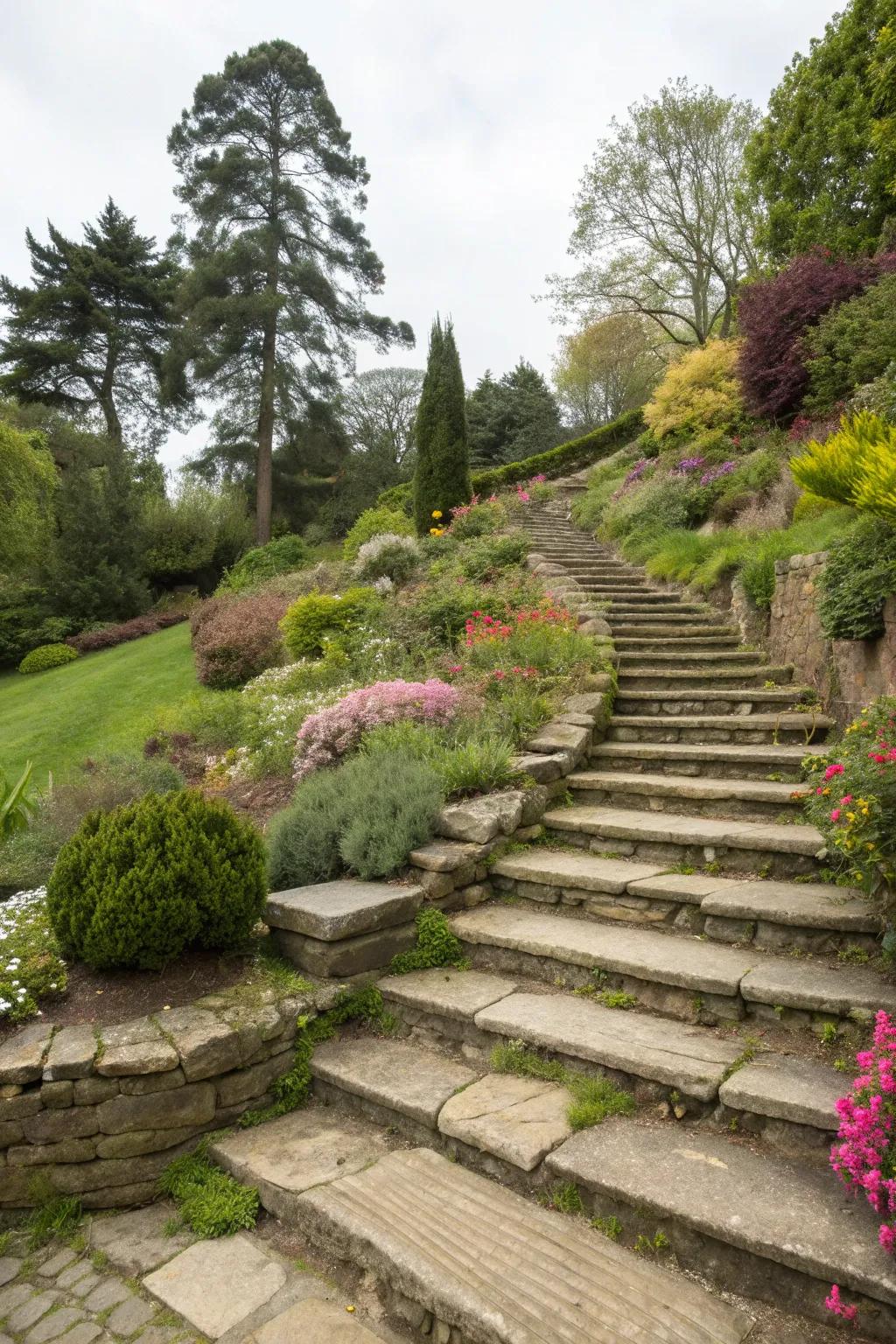 Terraced rock steps beautifully manage garden slopes.