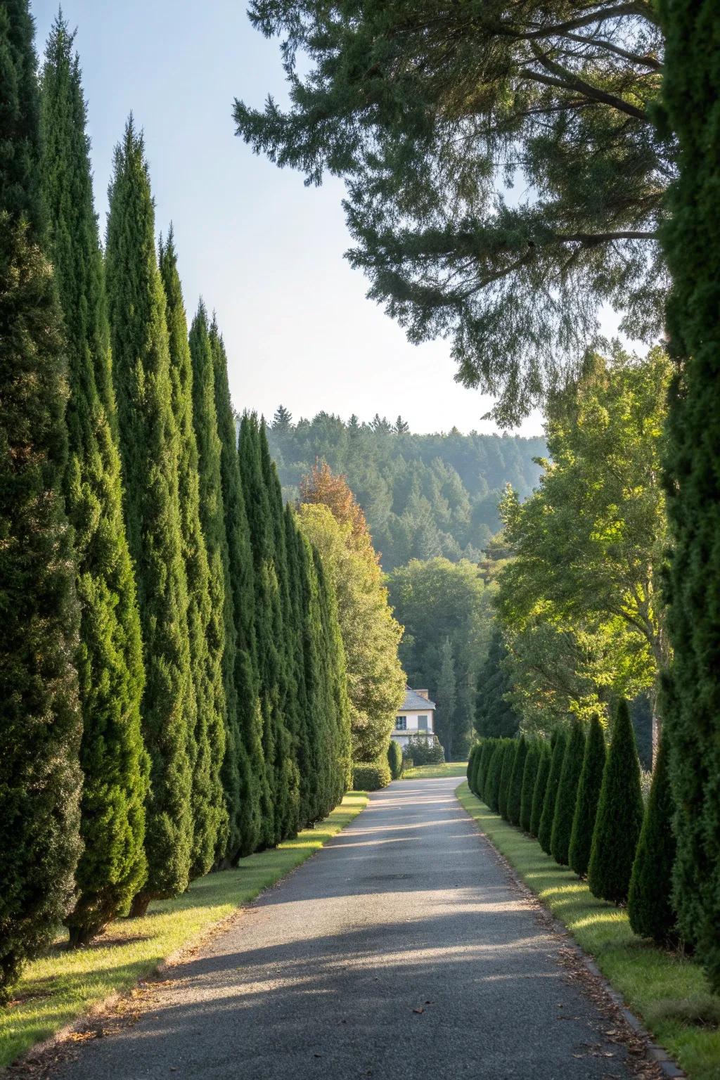 Evergreen trees offer elegance and privacy year-round.