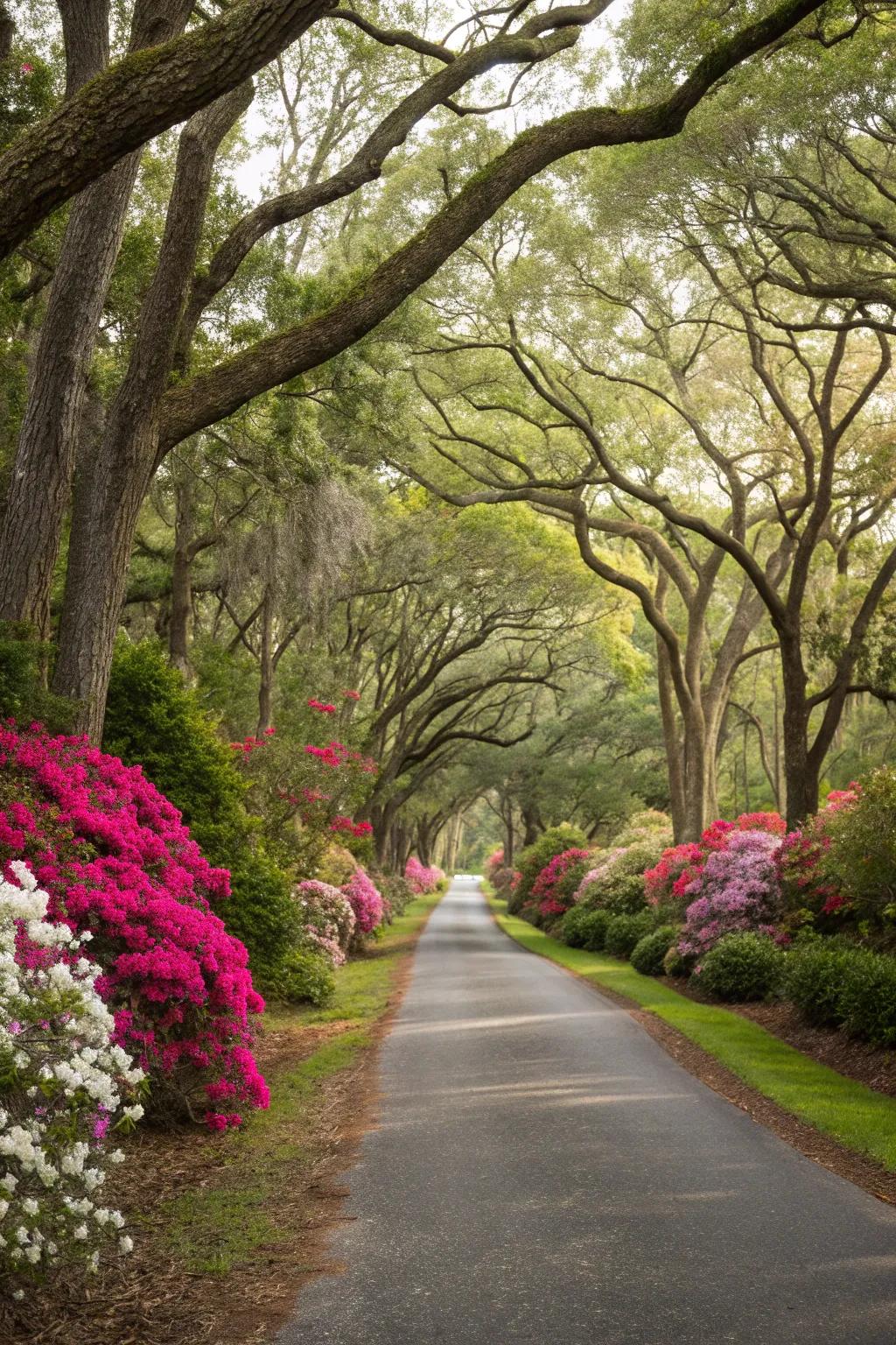 Flowering trees bring color and cheer to the driveway.