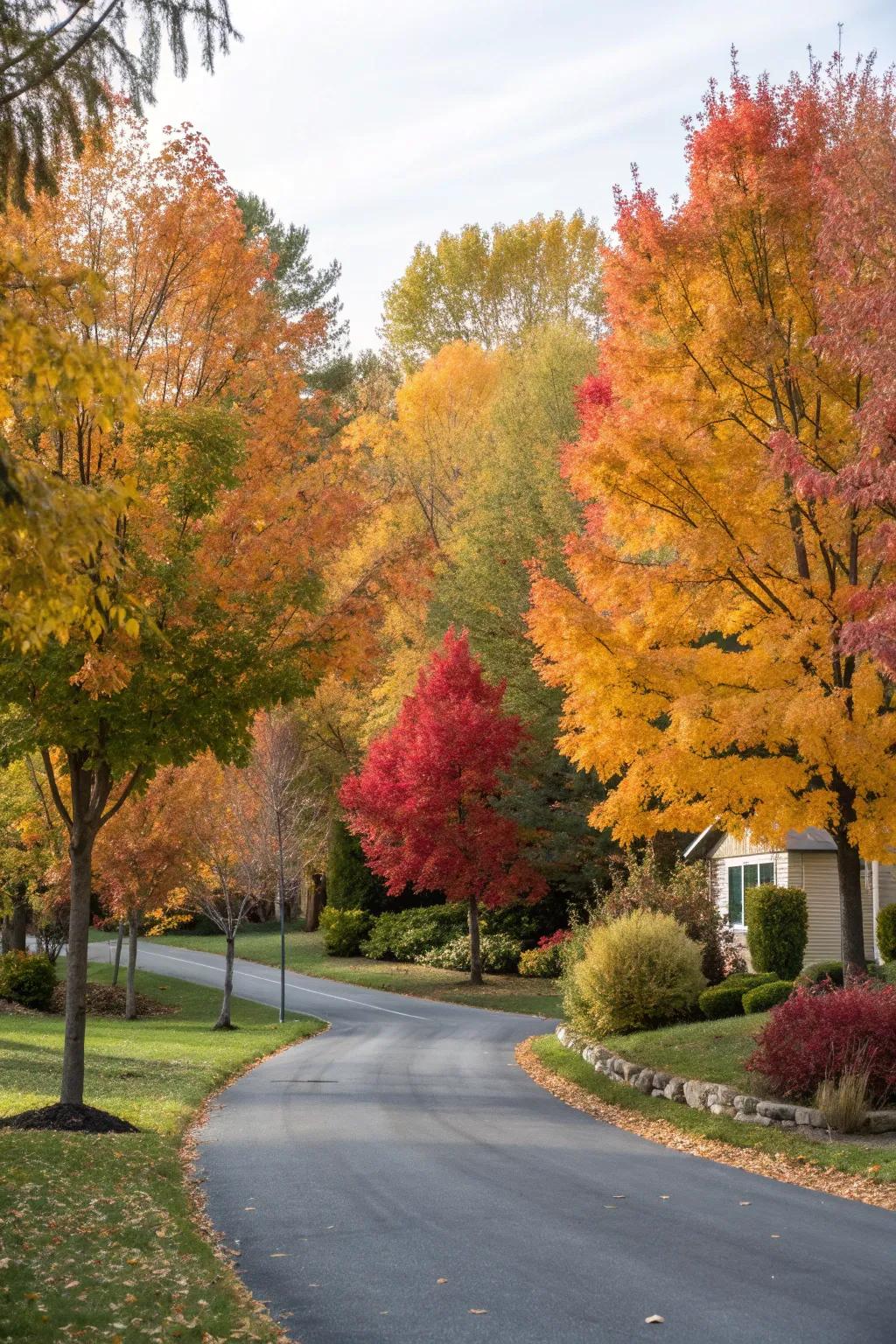A diverse mix of trees adds color and interest.