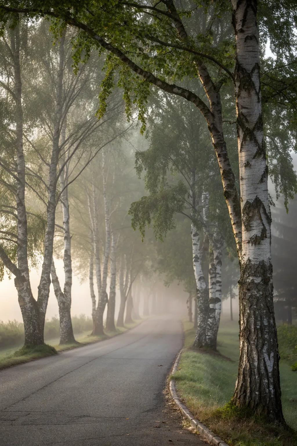 Birch trees in the mist create a mystical, fairy-tale atmosphere.