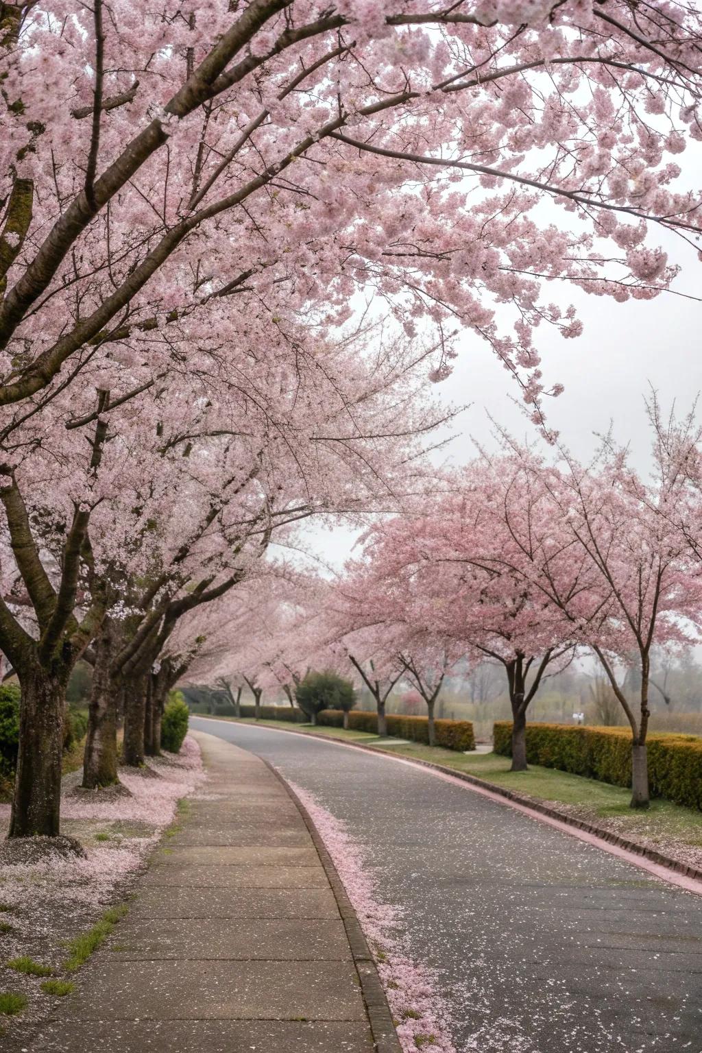 Driveway lined with cherry trees in spring bloom.