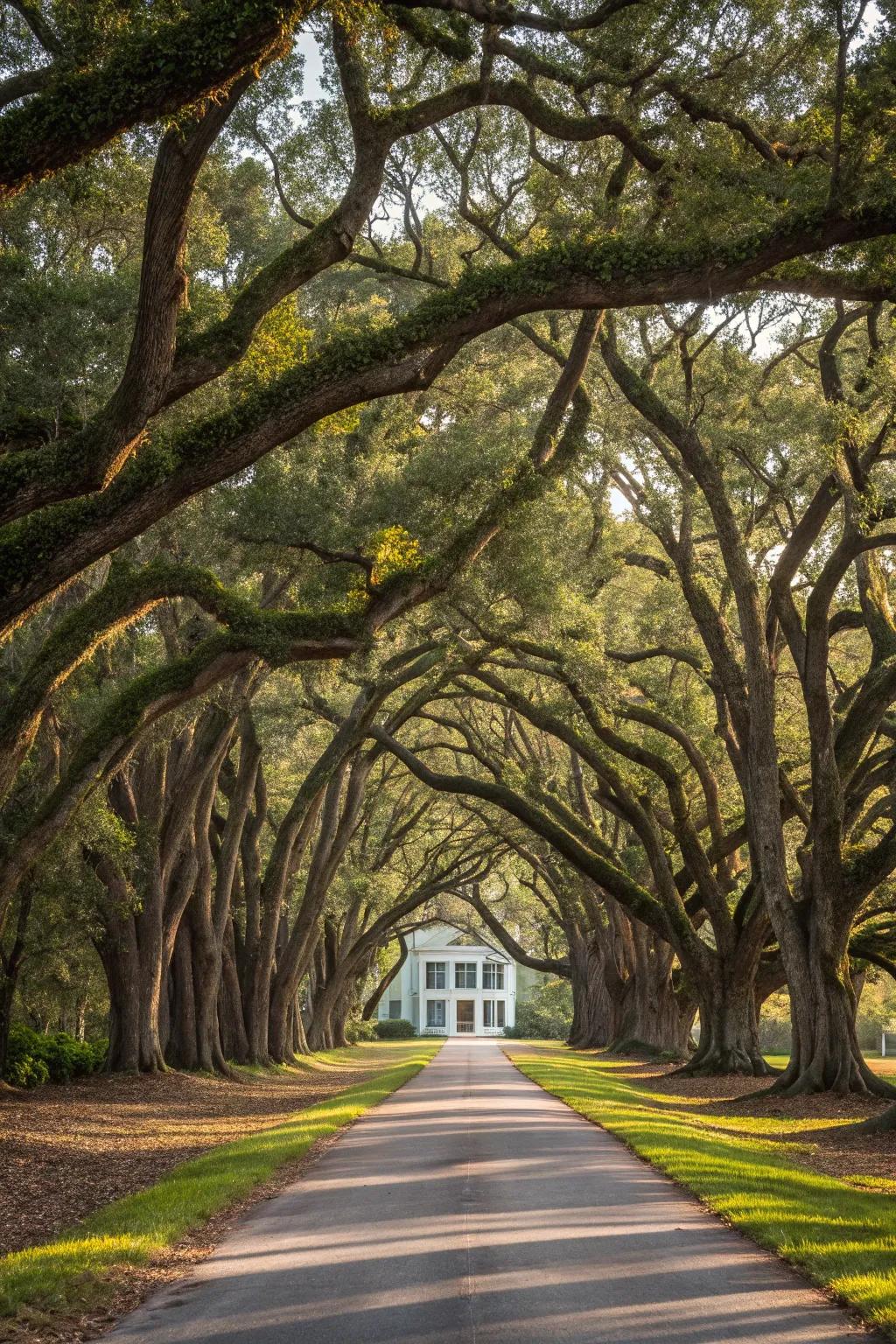 Towering oaks create a grand and commanding entrance.
