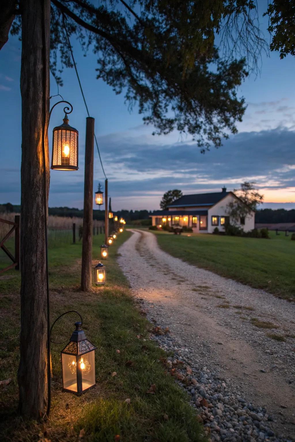Rustic lanterns casting a warm glow on a farmhouse driveway.