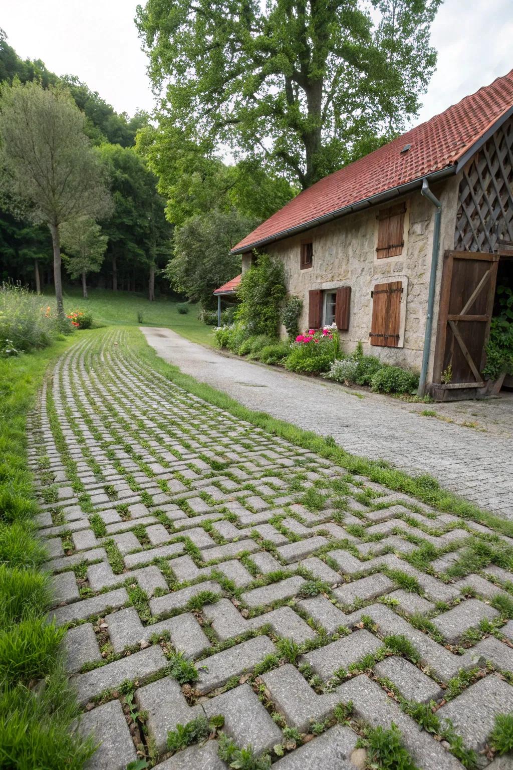 Eco-friendly permeable paving at a farmhouse driveway.