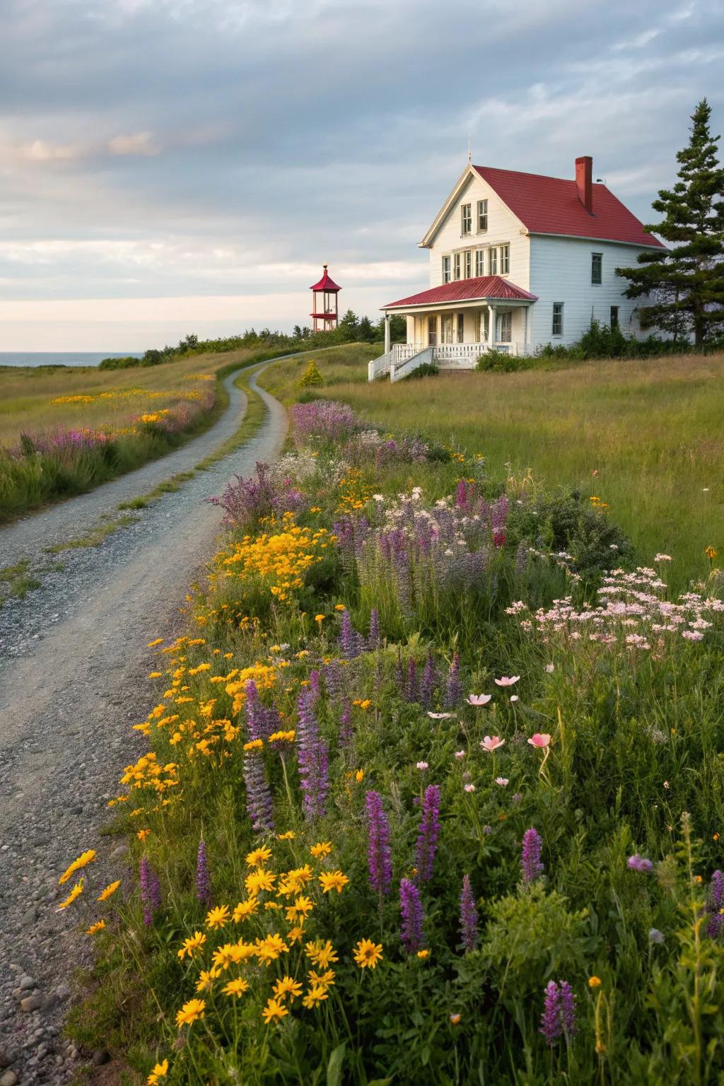 A stunning wildflower meadow bordering a farmhouse driveway.