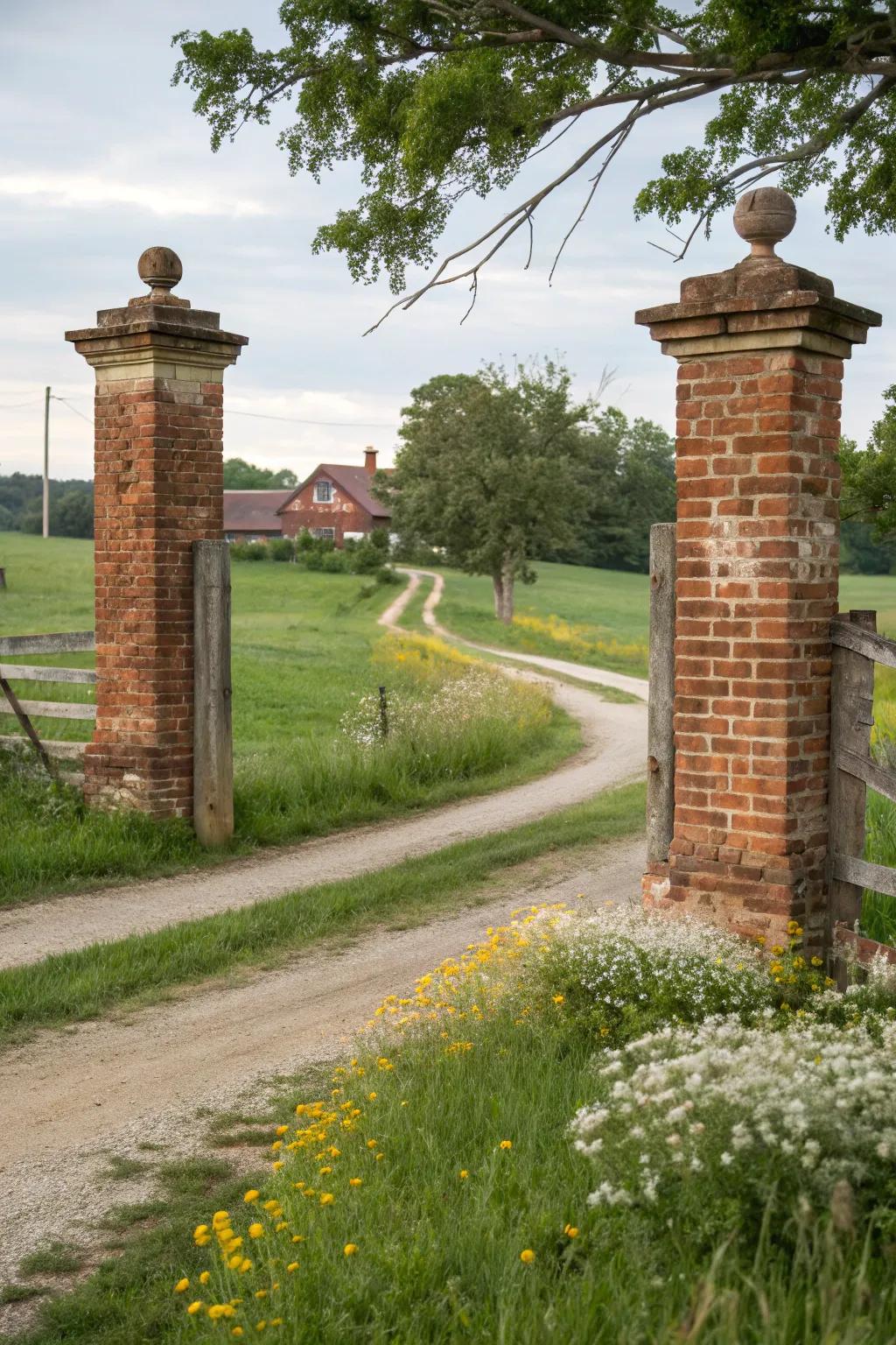 Sturdy rustic brick posts at a charming farmhouse entrance.