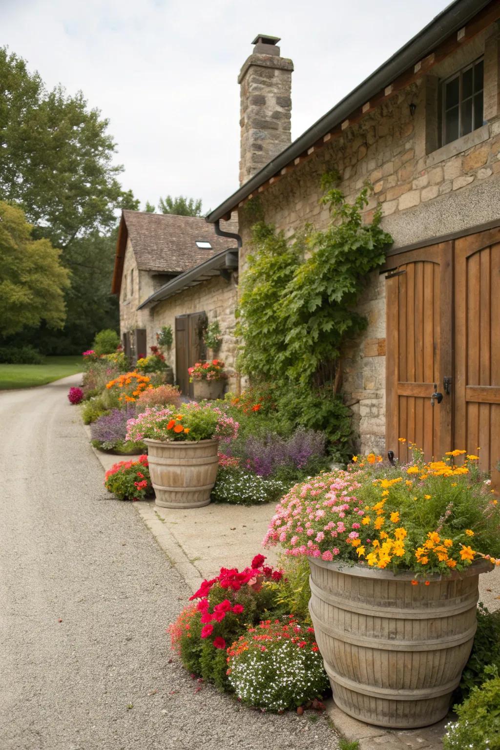 Vibrant seasonal planters adding color to a farmhouse driveway.