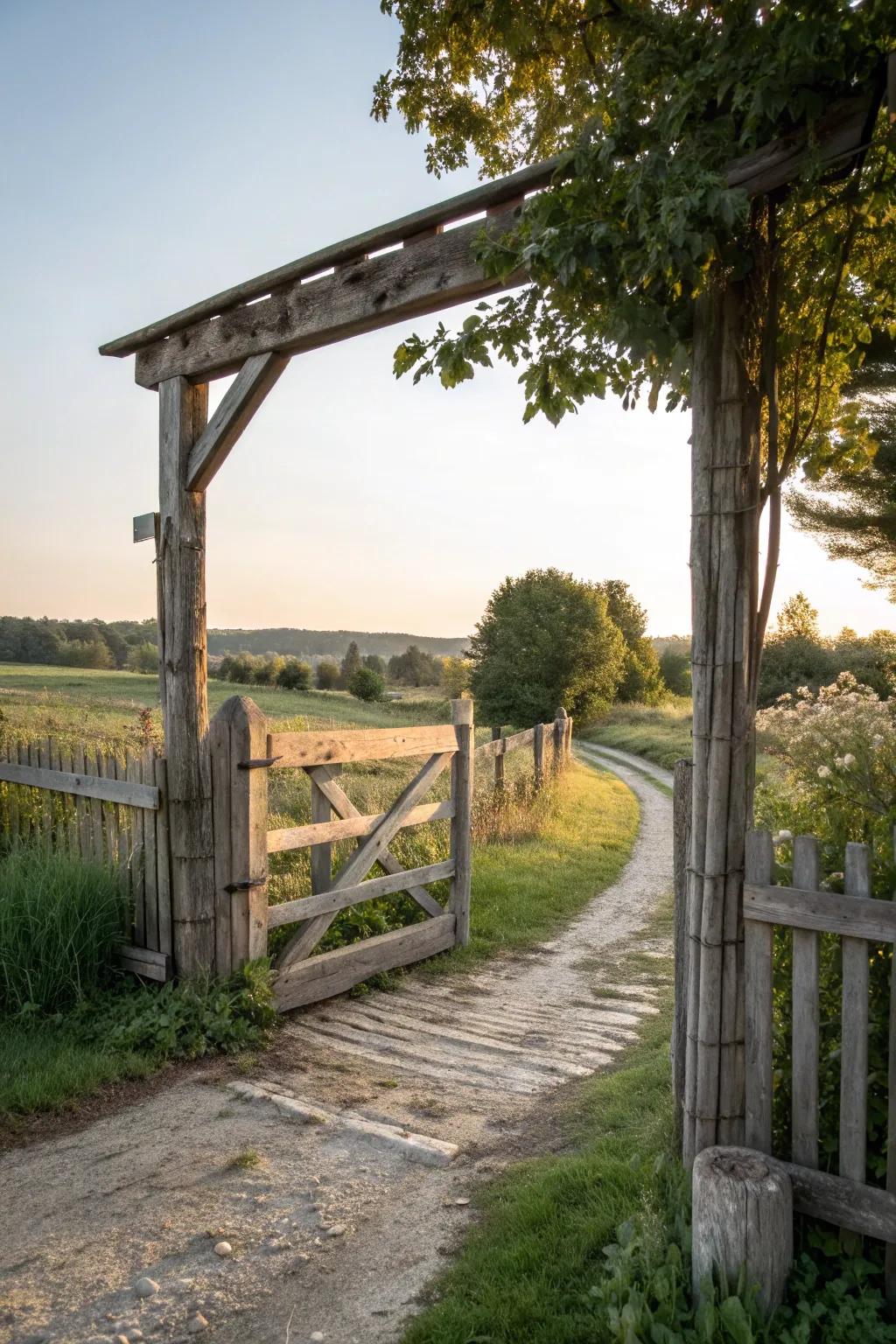 A rustic overhead beam arch creating an inviting farmhouse entrance.