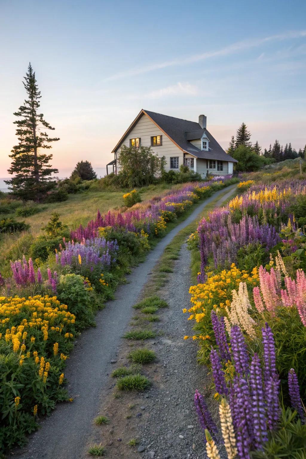 A colorful driveway lined with wildflowers, leading to a farmhouse.