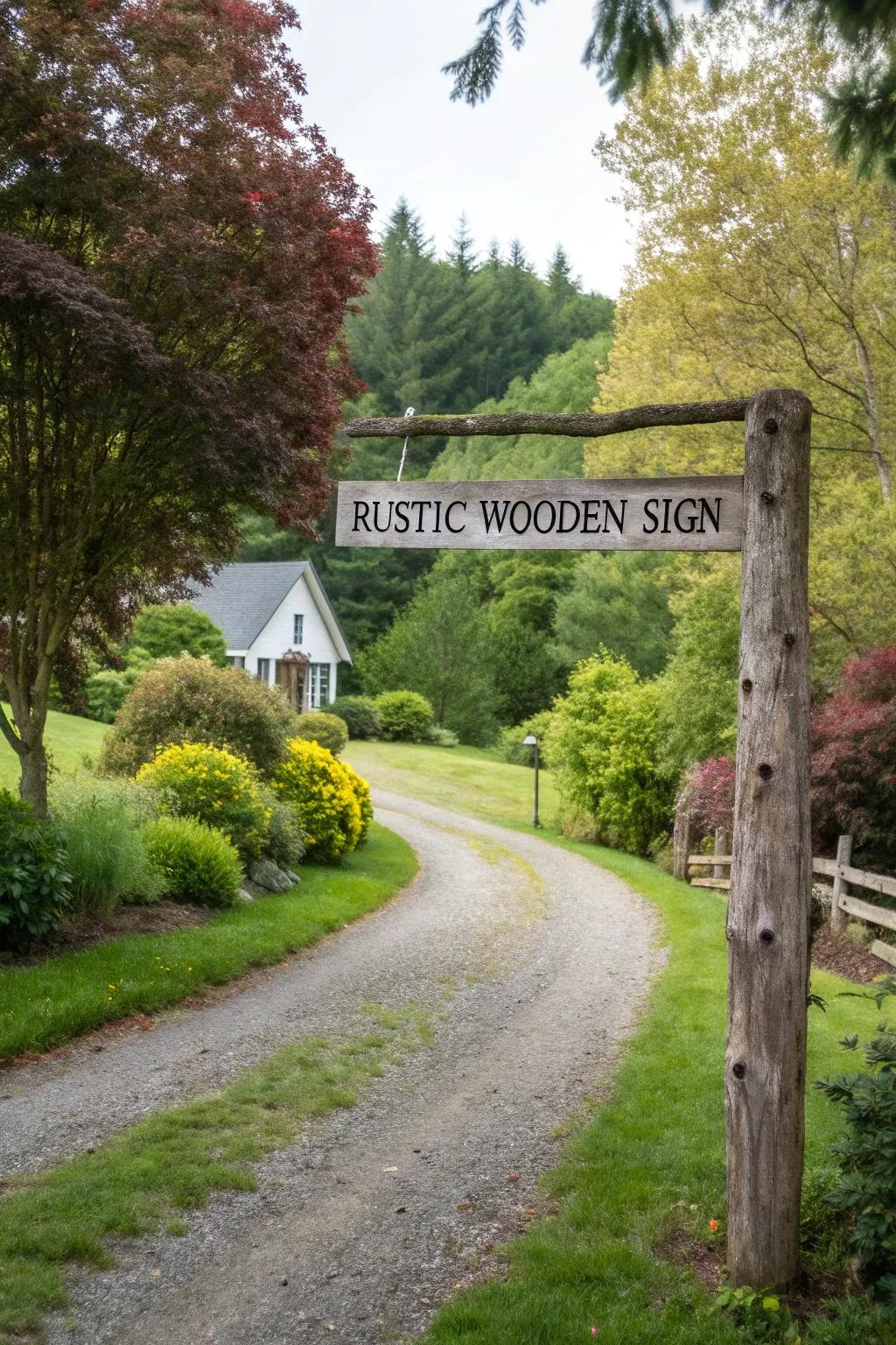 A rustic wooden sign welcoming visitors to the farmhouse.