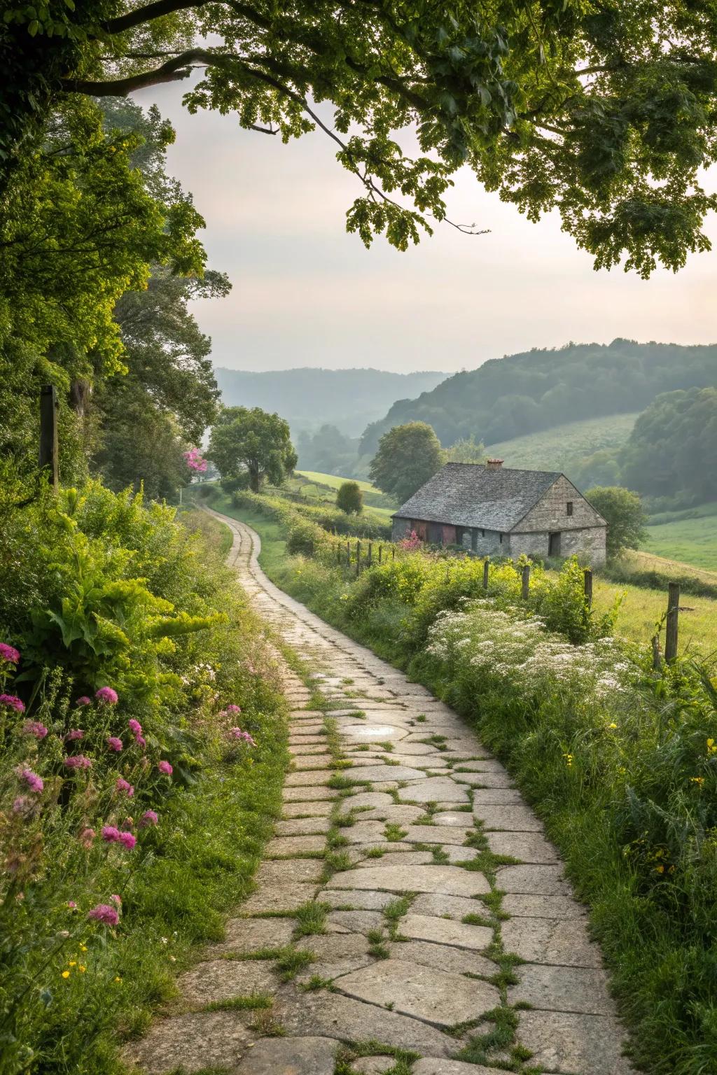 A natural stone pathway leading to a cozy farmhouse.
