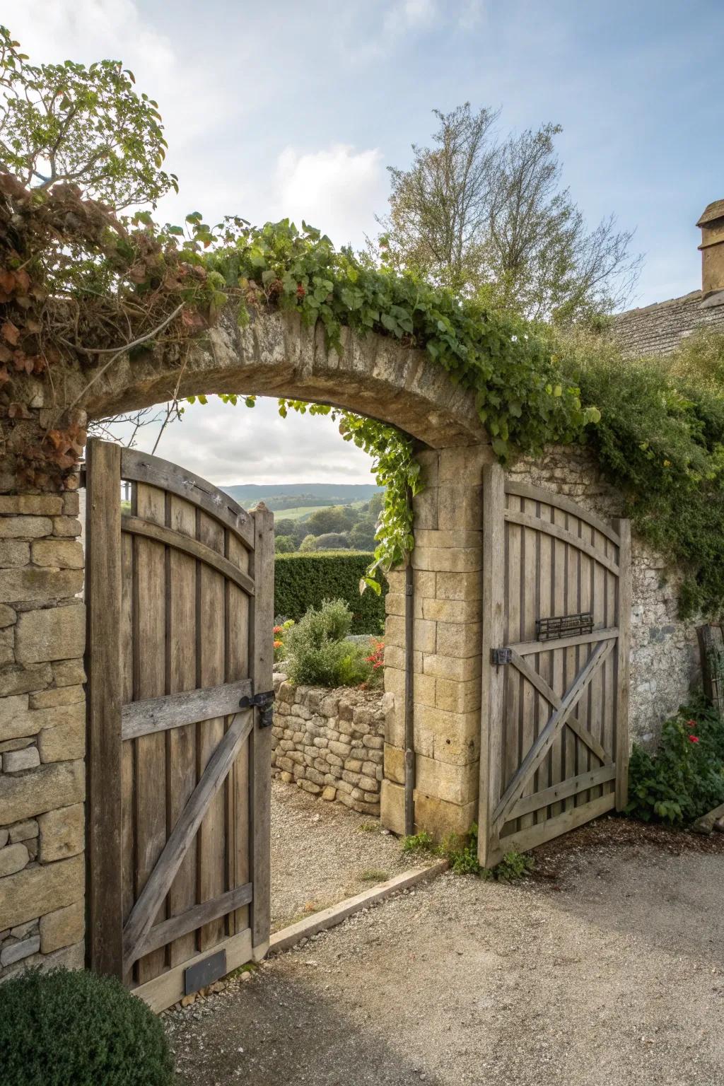 Elegant arched wooden gates enhancing a farmhouse entrance.