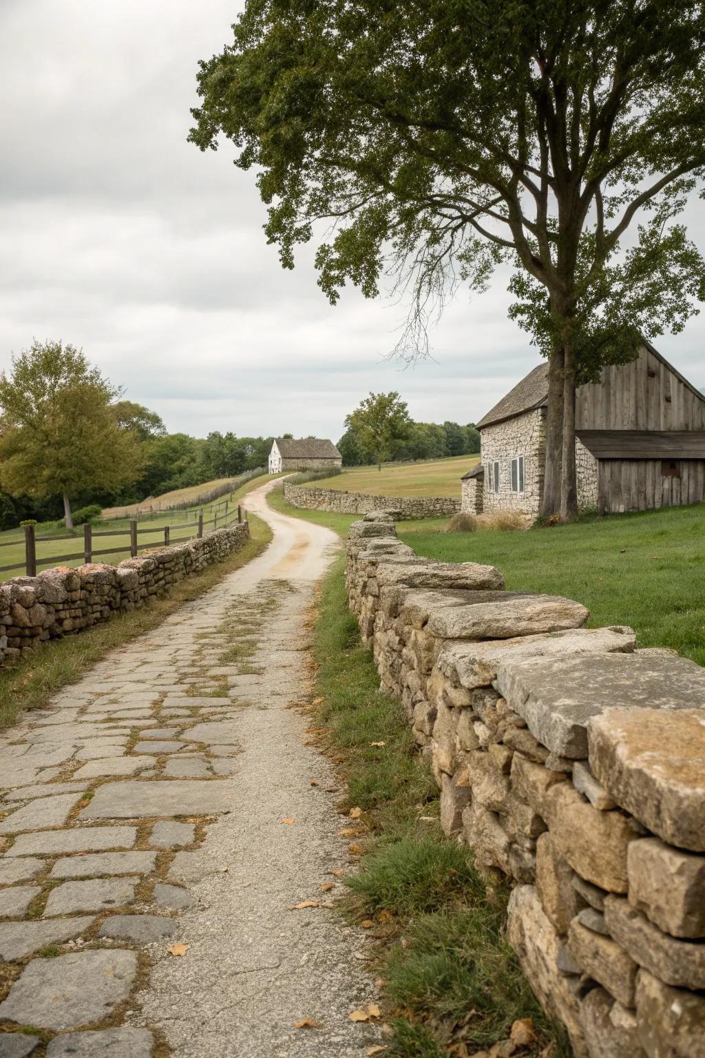 Elegant natural stone borders lining a farmhouse driveway.