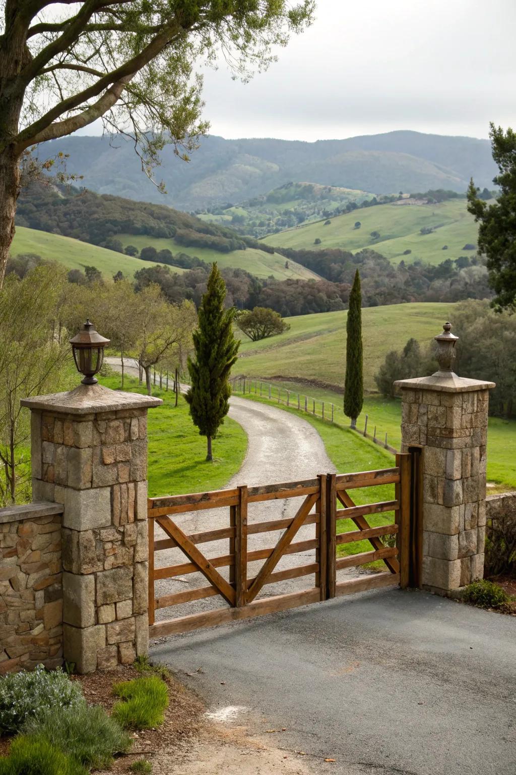 A wooden gate paired with stone pillars, creating an elegant farmhouse entrance.