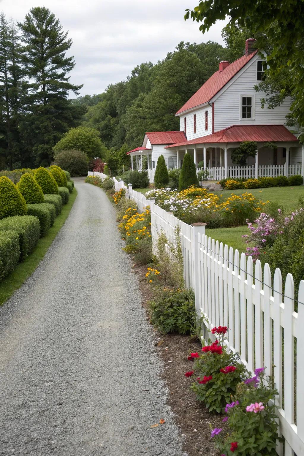 A classic white picket fence adding charm to a farmhouse driveway.