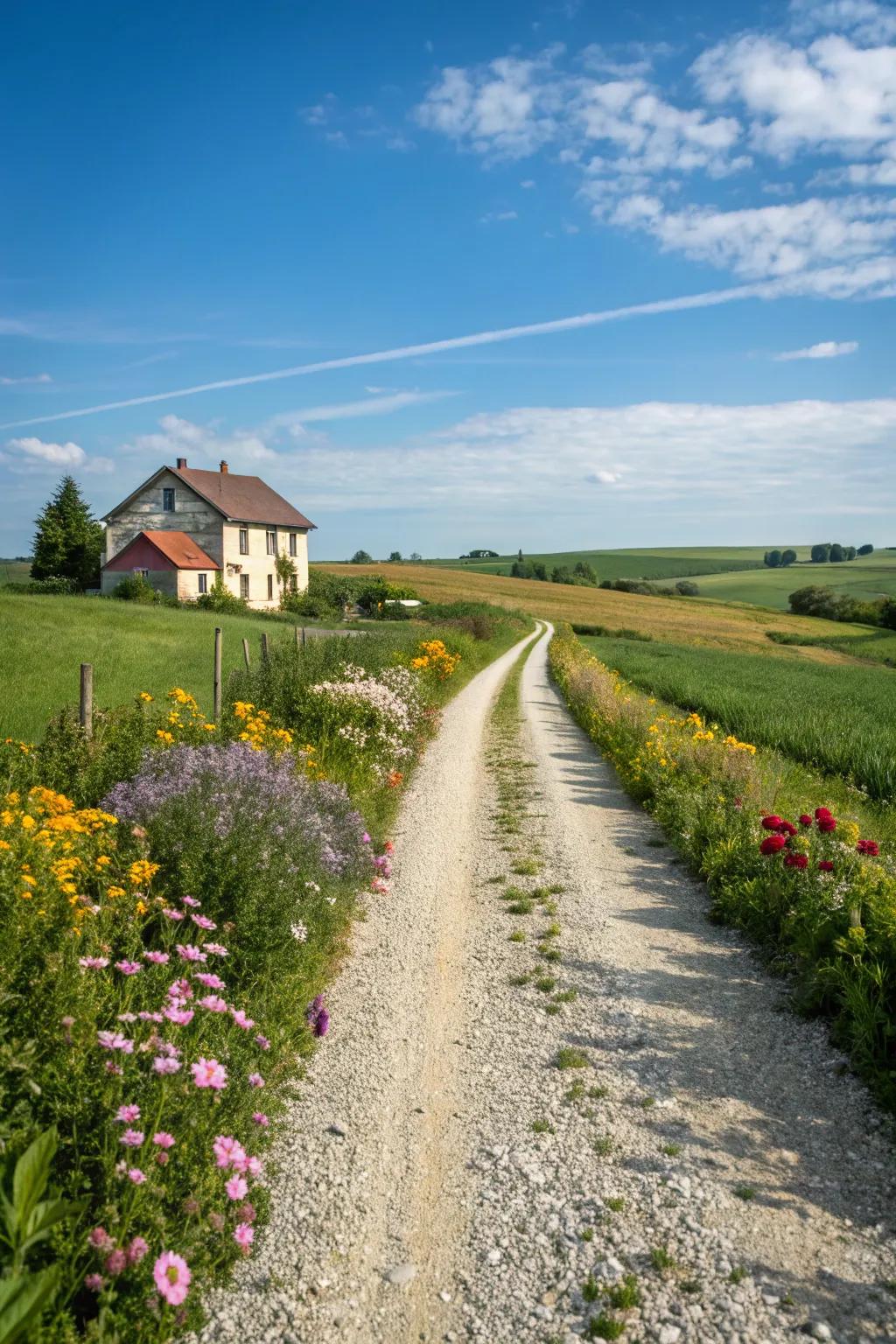 A charming gravel pathway leading to a welcoming farmhouse entrance.