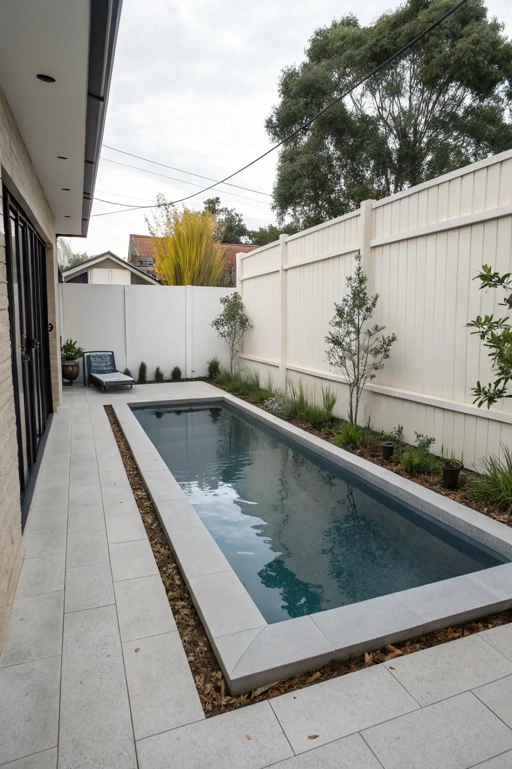 A minimalist rectangular pool adds a touch of elegance to any small backyard.
