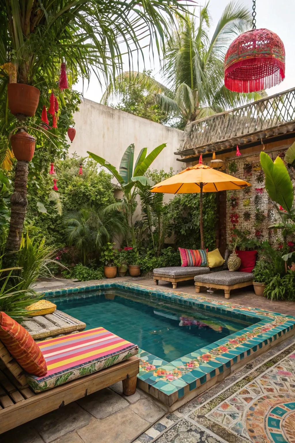 Tropical plants and accents turn small pools into vibrant oases.