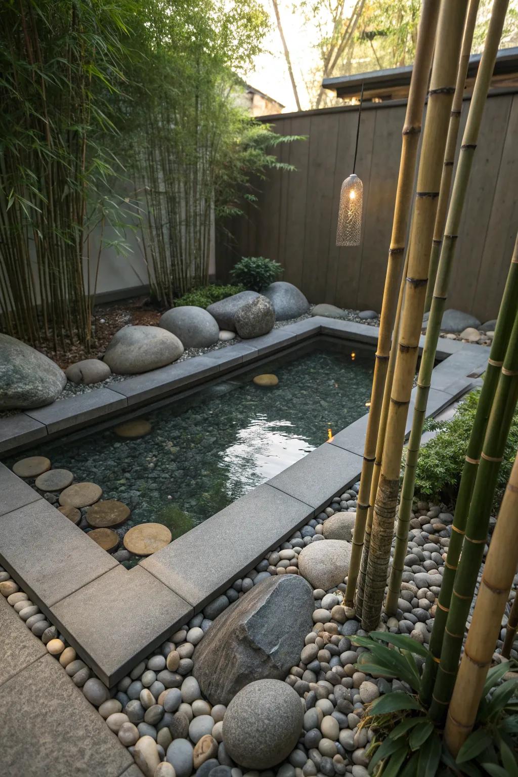 Zen garden elements create a calming retreat around small pools.