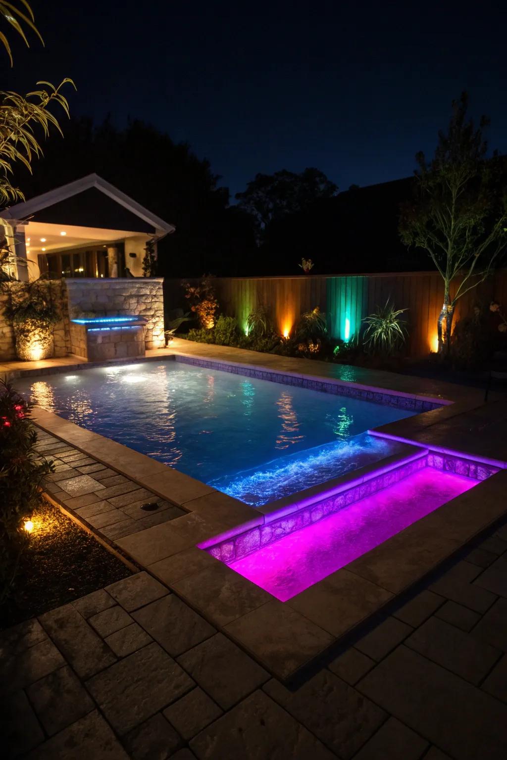 Integrated lighting adds a captivating glow to small pools at night.