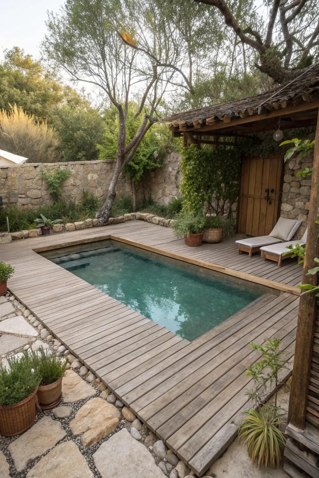 Wooden decking creates a warm, inviting space around a small pool.