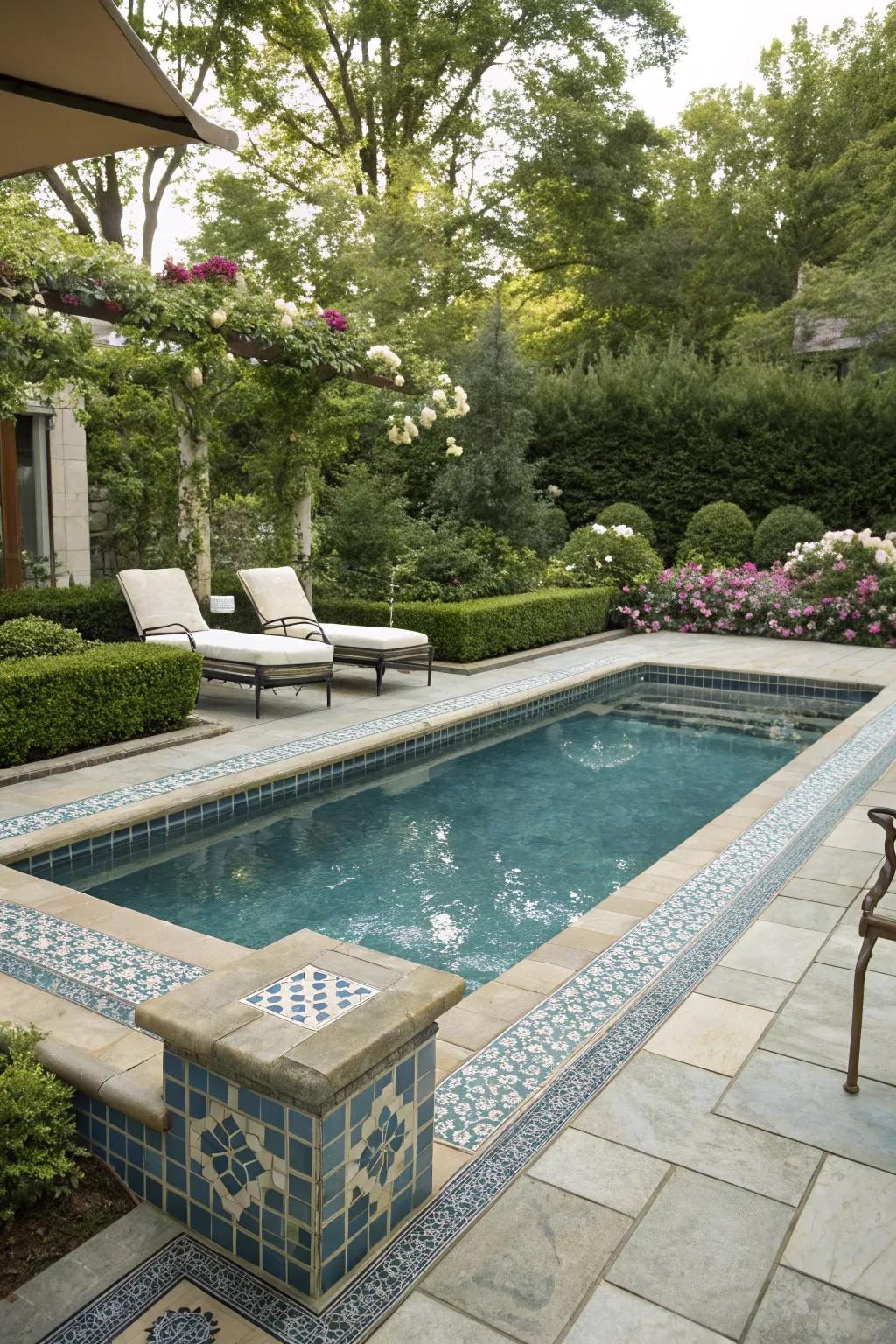 Luxurious tile finishes elevate the look and feel of small pools.