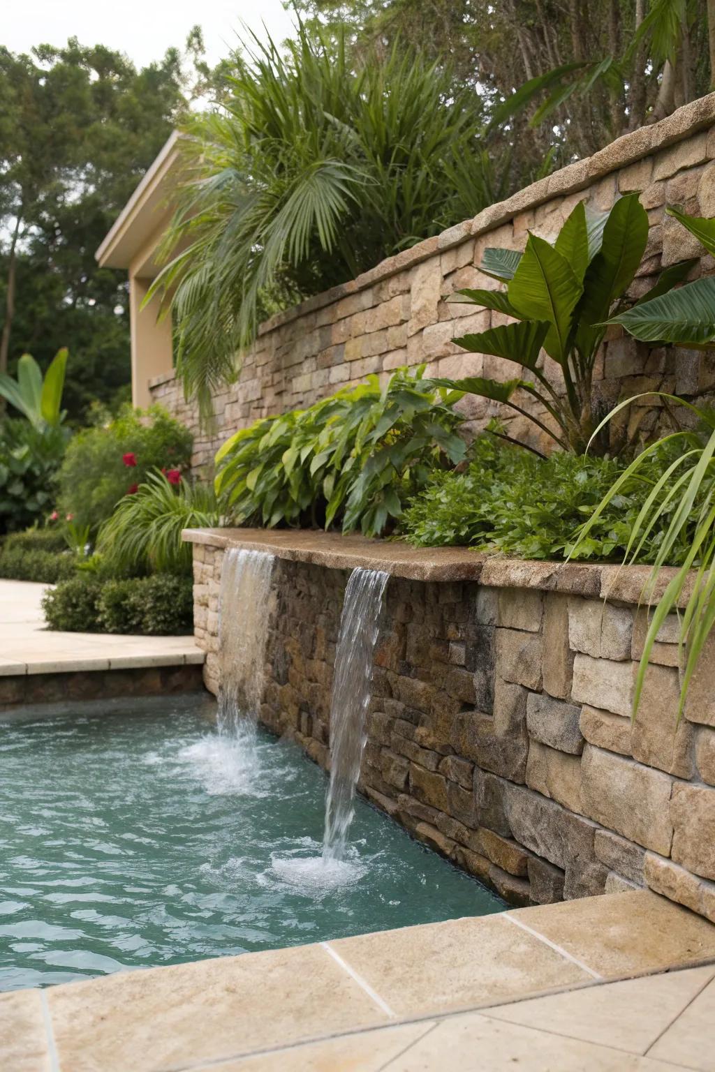 Water features transform retaining walls into mesmerizing focal points.