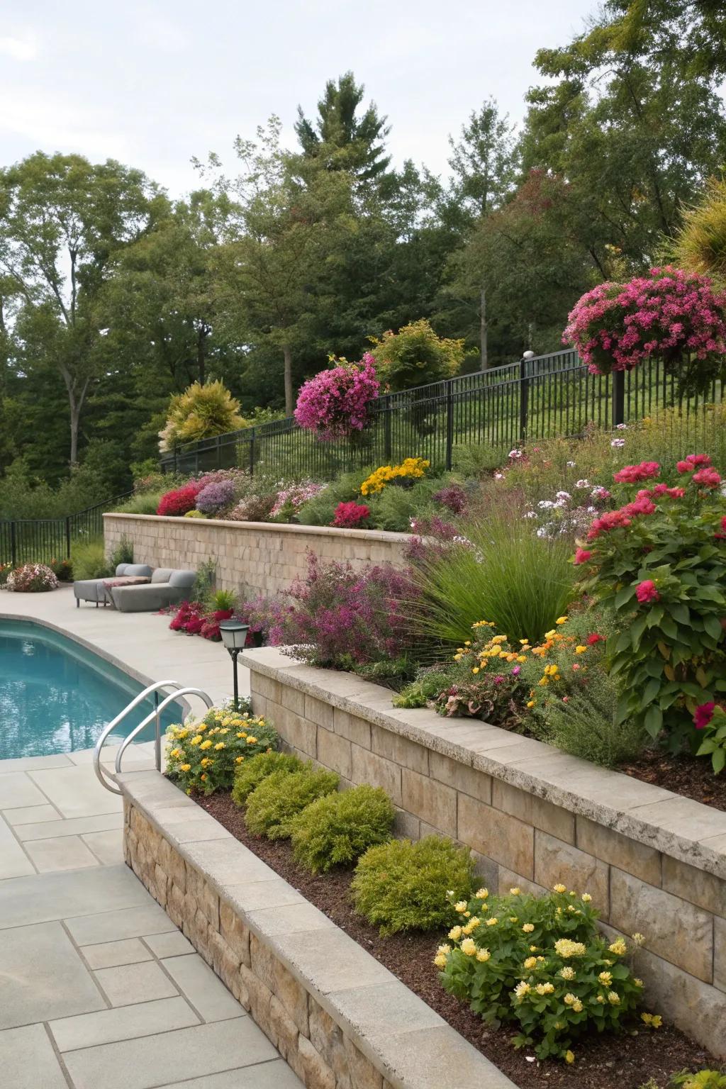 Lush landscaping enhances the natural beauty of retaining walls.